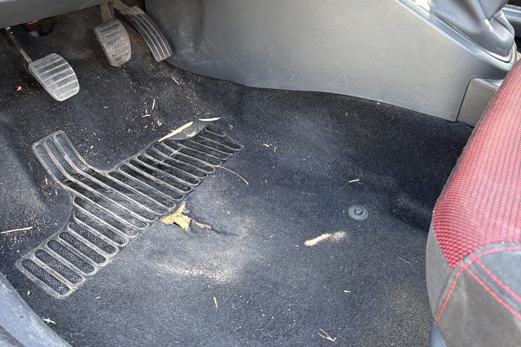 Plancher conducteur d'une Clio avant nettoyage, moquette couverte de poussière et de débris végétaux